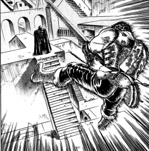 Griffith pushes Guts back with gravity  manipulation.
